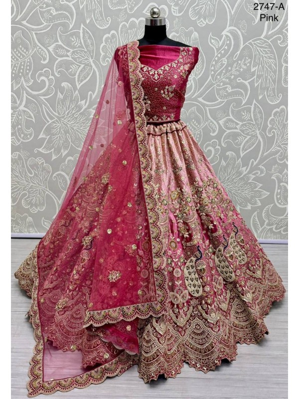 Pure Micro Velvet Wedding Wear Lehenga In Pink Color With Embroidery Work 