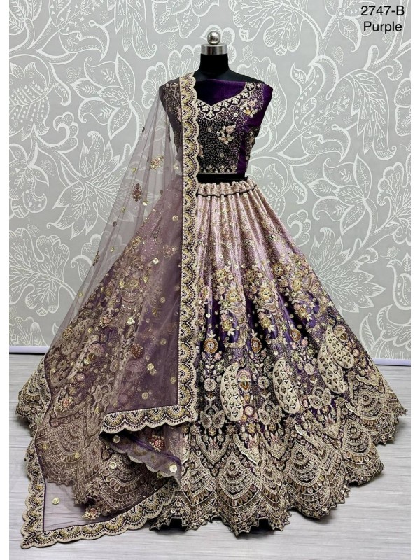 Pure Micro Velvet Wedding Wear Lehenga In Purple Color With Embroidery Work 