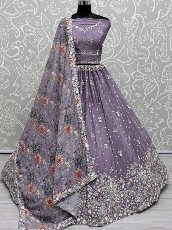 Pure Chinon Velvet Wedding Wear Lehenga In Lavender Color With Embroidery Work