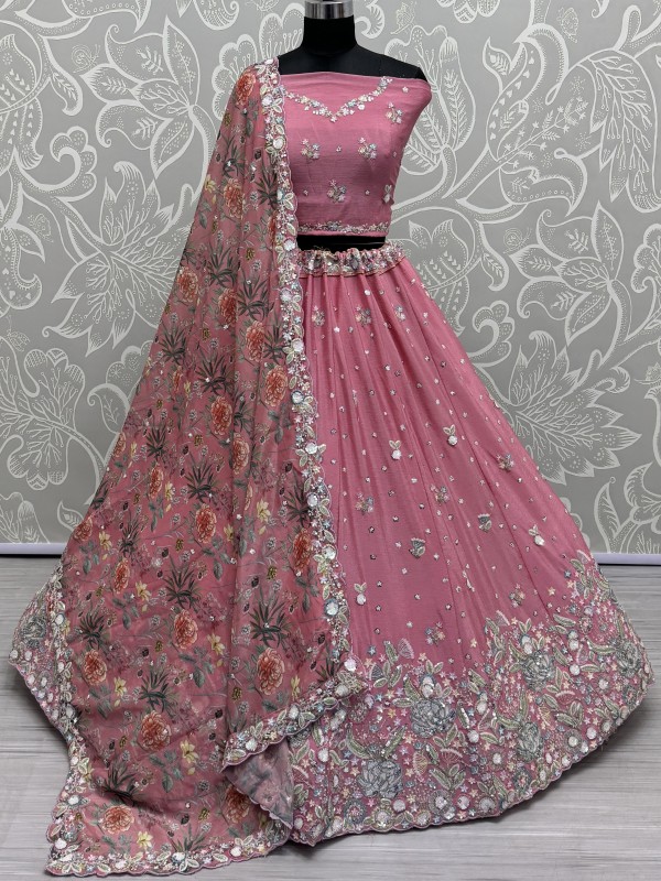 Pure Chinon Velvet Wedding Wear Lehenga In Pink Color With Embroidery Work