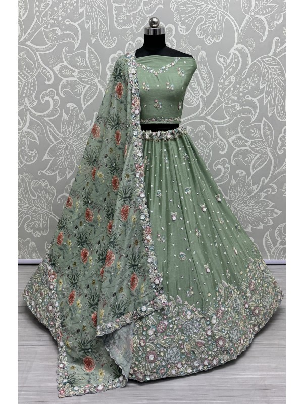 Pure Chinon Velvet Wedding Wear Lehenga In Sea Green Color With Embroidery Work