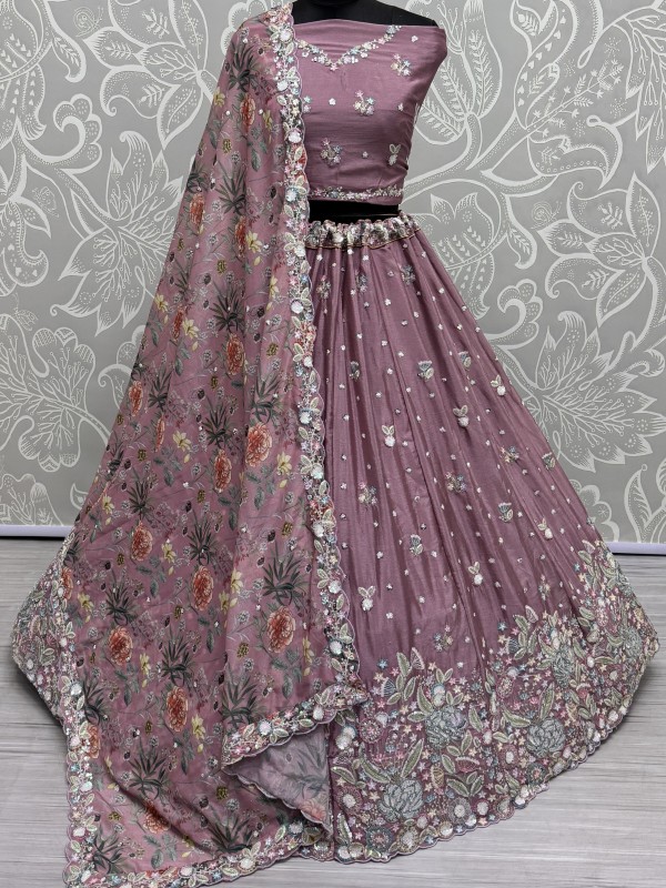 Pure Chinon Velvet Wedding Wear Lehenga In Pink Color With Embroidery Work