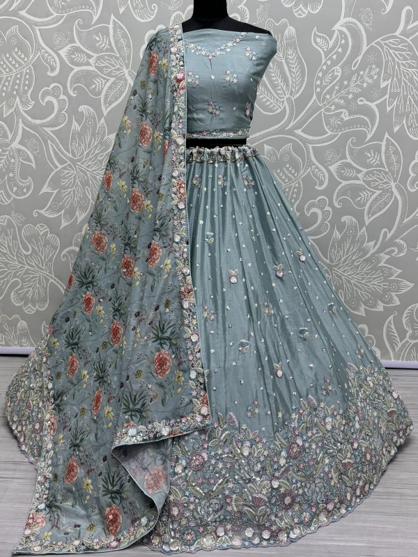 Pure Chinon Velvet Wedding Wear Lehenga In Grey Color With Embroidery Work