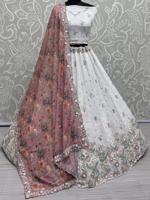Pure Chinon Velvet Wedding Wear Lehenga In Off White Color With Embroidery Work