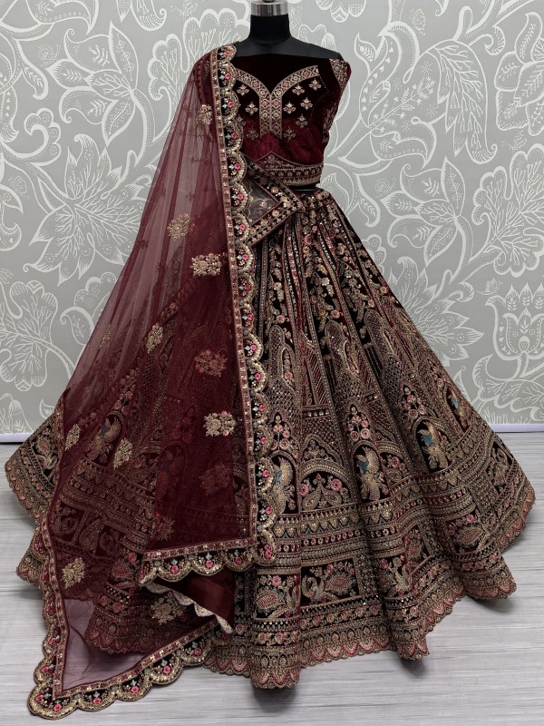 Pure Micro Velvet Wedding Wear Lehenga In Maroon Color With Embroidery Work