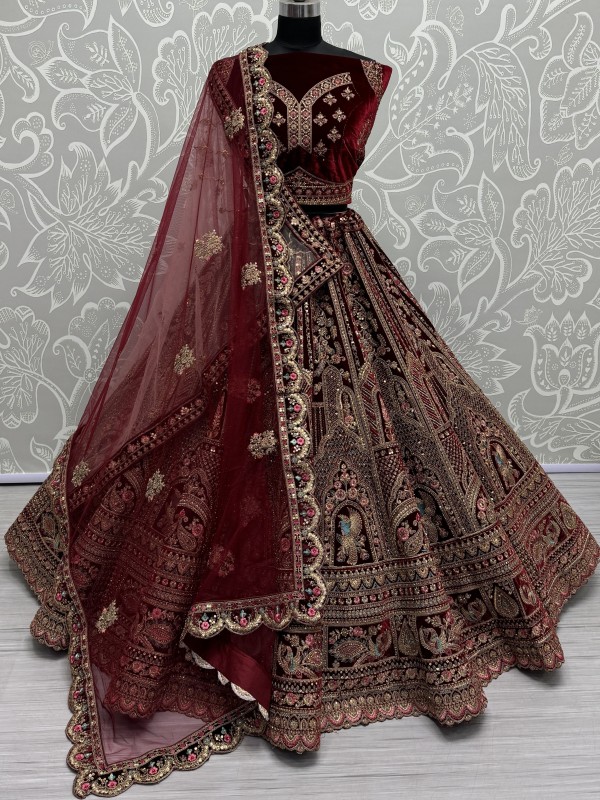 Pure Micro Velvet Wedding Wear Lehenga In Red Maroon Color With Embroidery Work