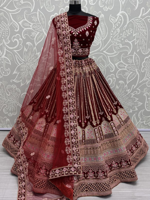 Pure Micro Velvet Wedding Wear Lehenga In Red Maroon Color With Embroidery Work