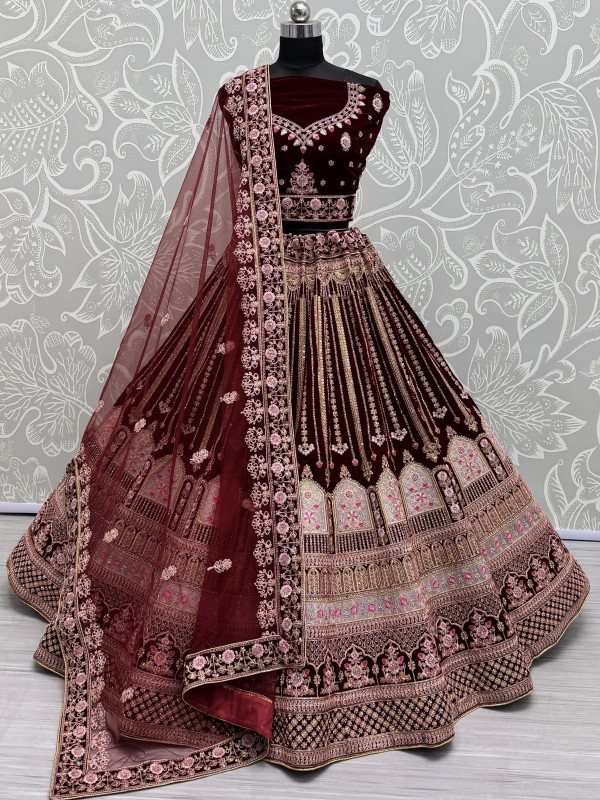 Pure Micro Velvet Wedding Wear Lehenga In Maroon Color With Embroidery Work