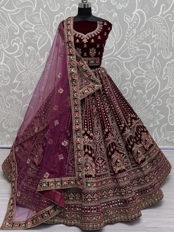 Pure Micro Velvet Wedding Wear Lehenga In Pink Color With Embroidery Work