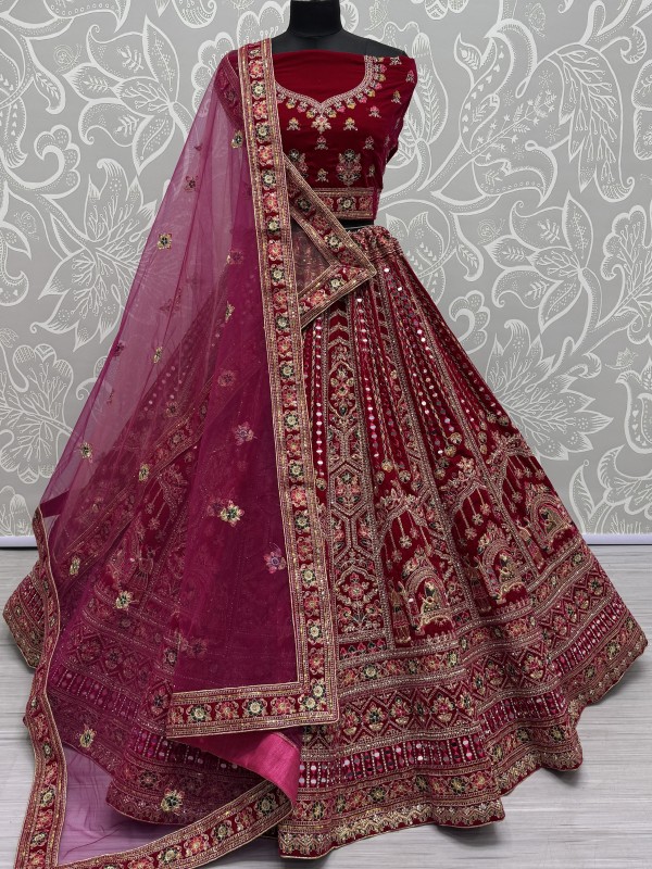 Pure Micro Velvet Wedding Wear Lehenga In Rani Pink Color With Embroidery Work