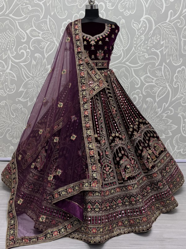 Pure Micro Velvet Wedding Wear Lehenga In Wine Color With Embroidery Work