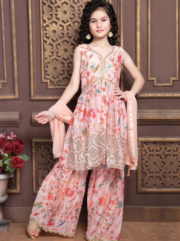 Chiinon  Party Wear Kids Sharara In Pink With Embroidery Work 