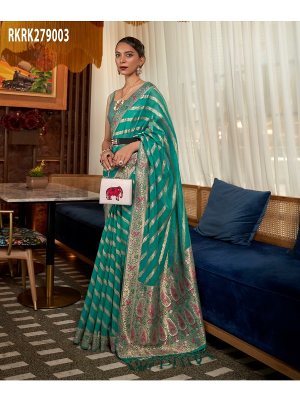 Organza Silk Party Wear Saree In Turquoise Color 