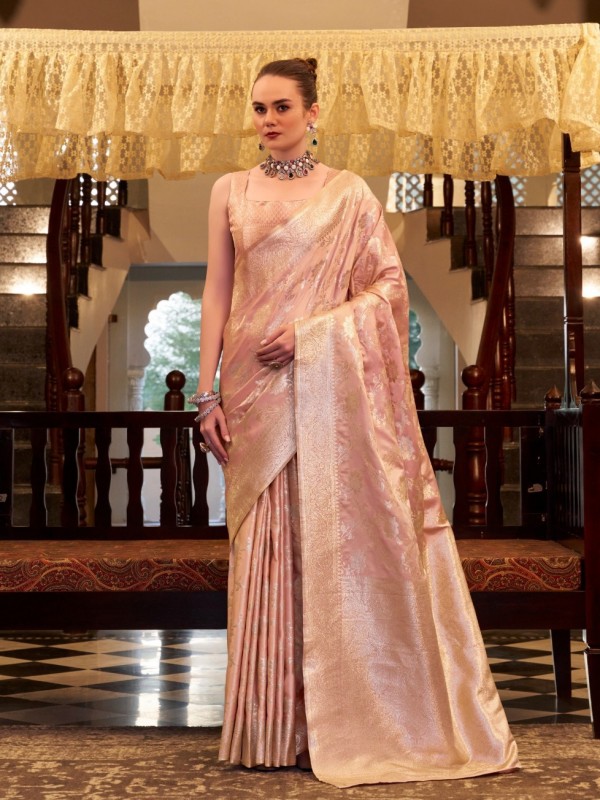Pure Satin Silk Party wear Saree In Peach Color with Zari Weaving 