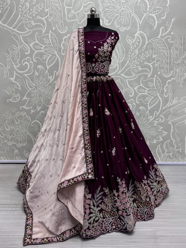 Pure Silk Fabric Lehenga In Purple Color With Embroidery Work