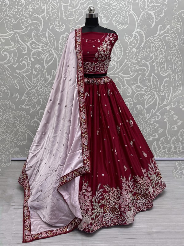 Pure Silk Fabric Lehenga In Dark Pink Color With Embroidery Work