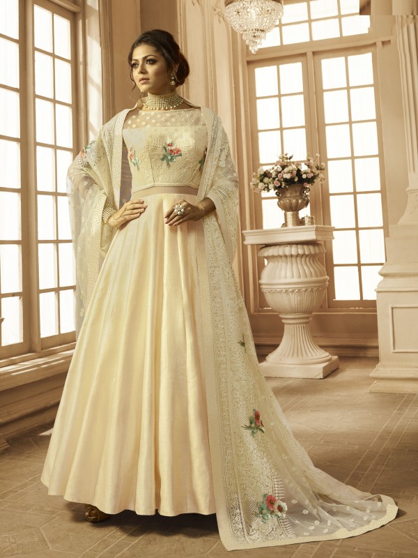 Georgette Party Wear Readymade Gown In Off white  With Stone Work 