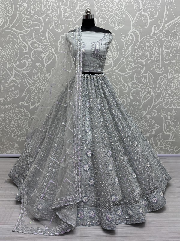 Soft Premium net Wedding Wear Lehenga In Grey Color With Embroidery Work 