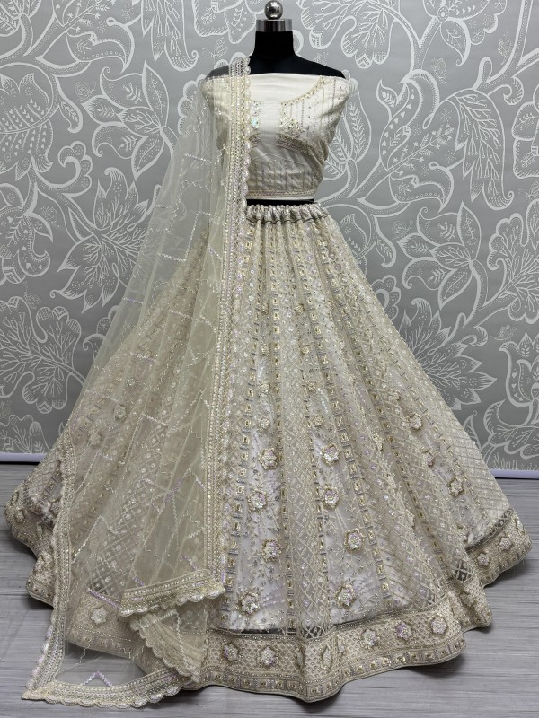 Soft Premium net Wedding Wear Lehenga In Off White Color With Embroidery Work 