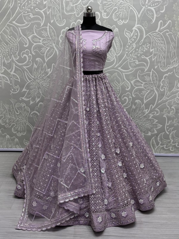 Soft Premium net Wedding Wear Lehenga In Lavender Color With Embroidery Work 