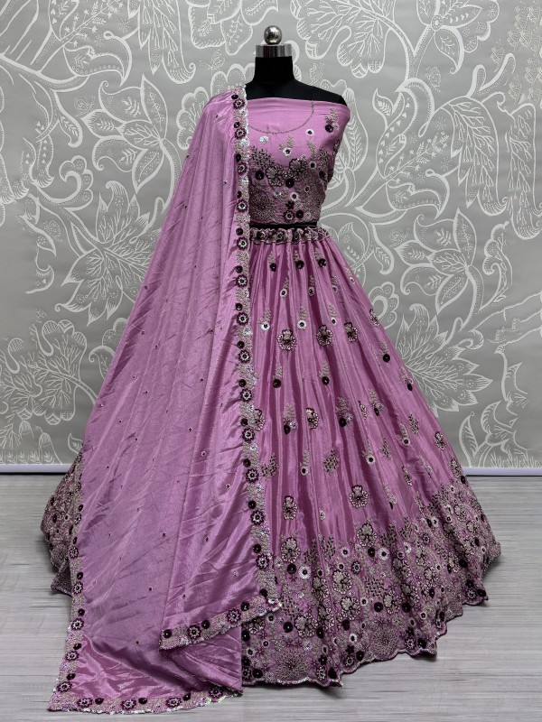 Pure Chinon Silk Party Wear Lehenga In Lilac Pink Color With Embroidery Work 