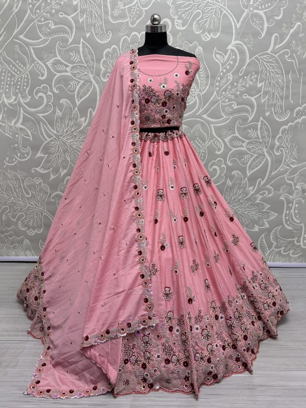 Pure Chinon Silk Party Wear Lehenga In Pink Color With Embroidery Work 