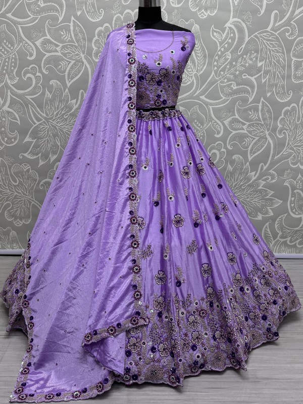 Pure Chinon Silk Party Wear Lehenga In Lavender Color With Embroidery Work 