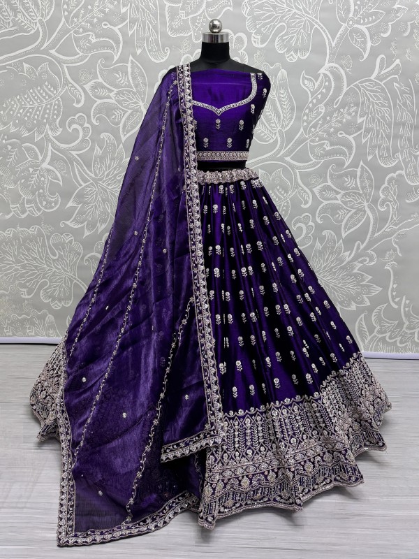Pure Silk Fabric Wedding Wear Lehenga In Purple Color With Embroidery Work