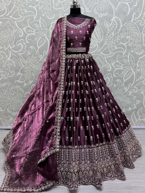 Pure Silk Fabric Wedding Wear Lehenga In Purple Color With Embroidery Work