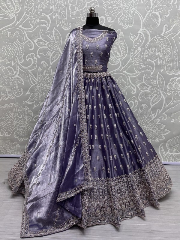Pure Silk Fabric Wedding Wear Lehenga In Lavender Color With Embroidery Work