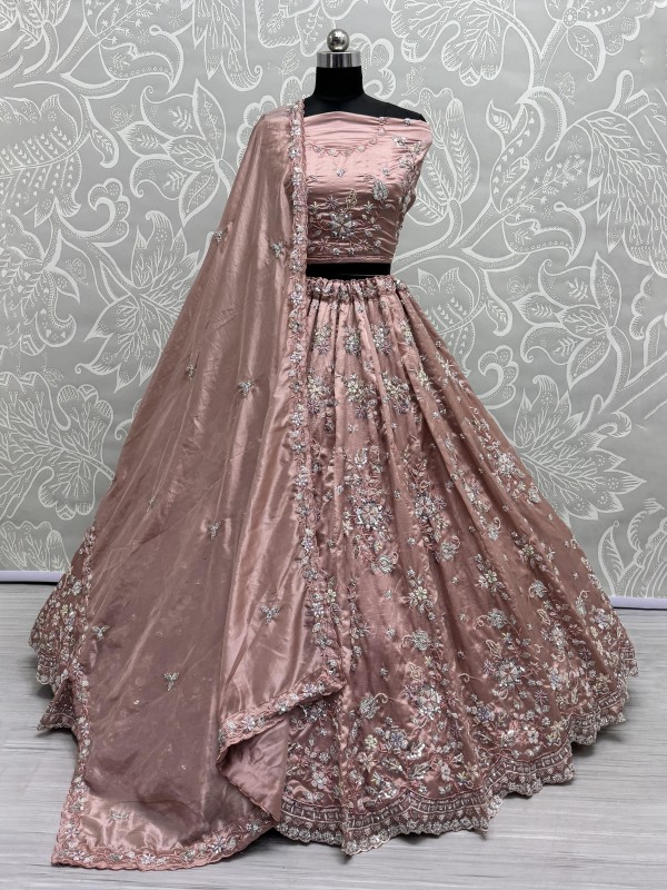 Pure Silk Fabric Wedding Wear Lehenga In Peach Color With Embroidery Work