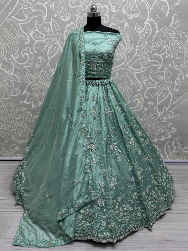 Pure Silk Fabric Wedding Wear Lehenga In Turquoise Color With Embroidery Work