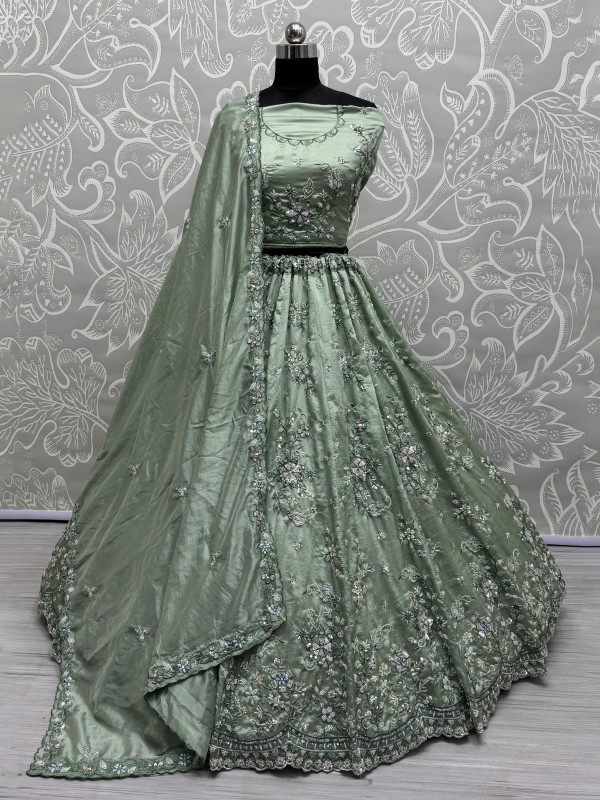 Pure Silk Fabric Wedding Wear Lehenga In Lime Green Color With Embroidery Work