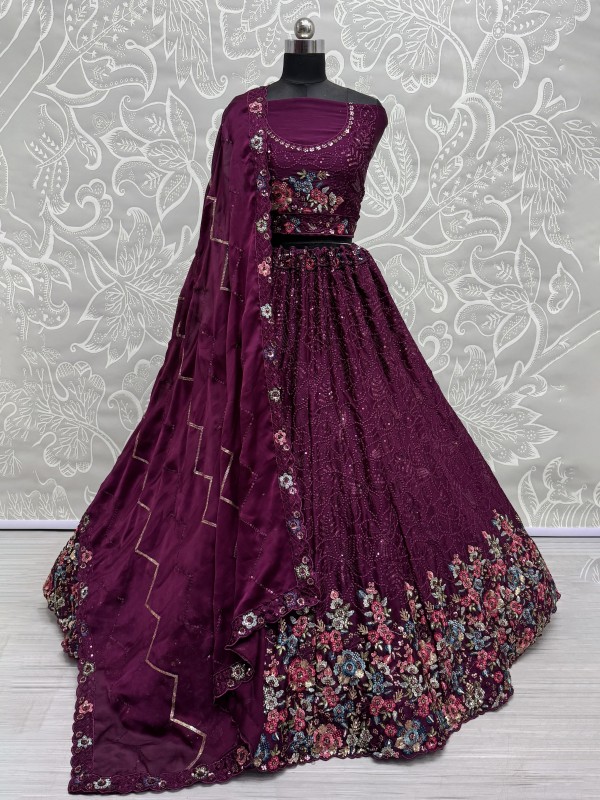 Pure Chinon Fabric Wedding Wear Lehenga In Purple Color With Embroidery Work