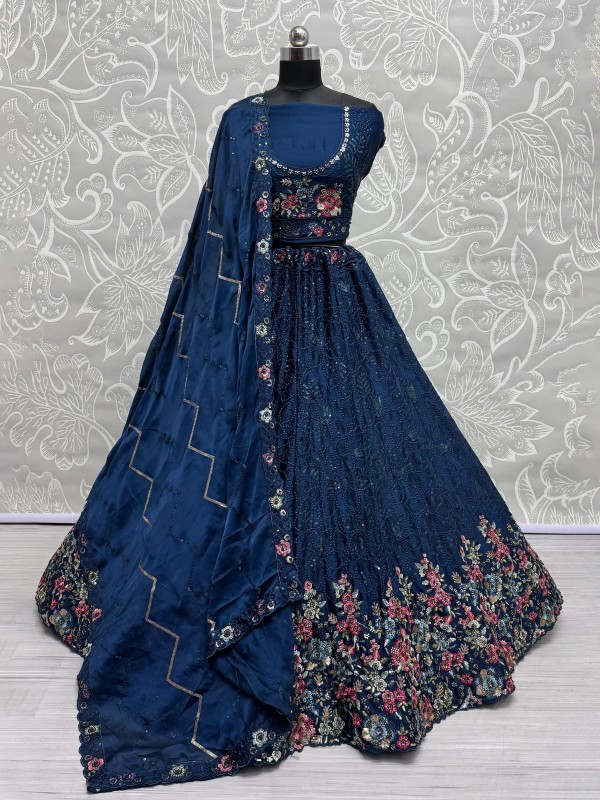 Pure Chinon Fabric Wedding Wear Lehenga In Blue Color With Embroidery Work