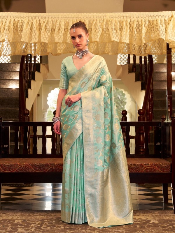 Pure Satin Silk Party wear Saree In Light Green Color with Zari Weaving 