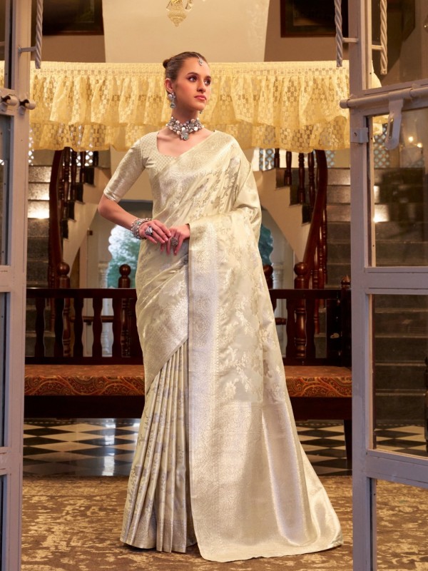 Pure Satin Silk Party wear Saree In Cream Color with Zari Weaving 