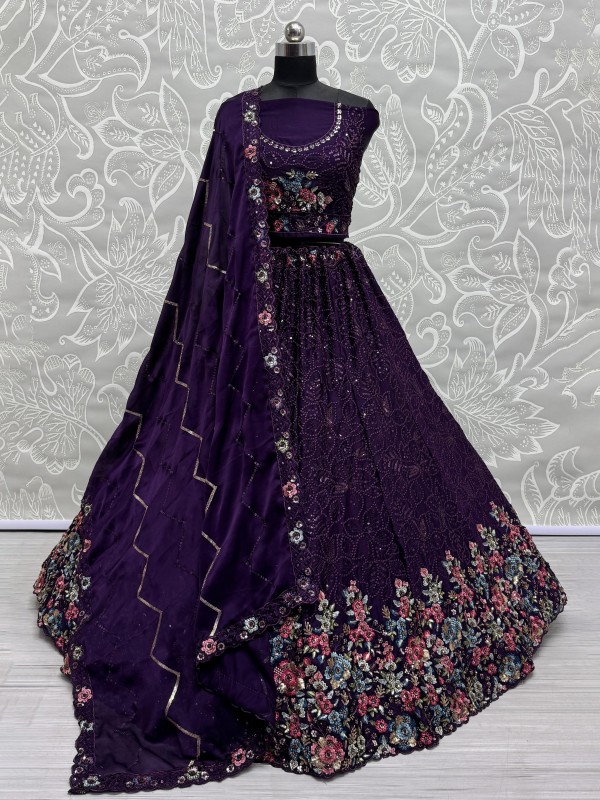 Pure Chinon Fabric Wedding Wear Lehenga In Purple Color With Embroidery Work