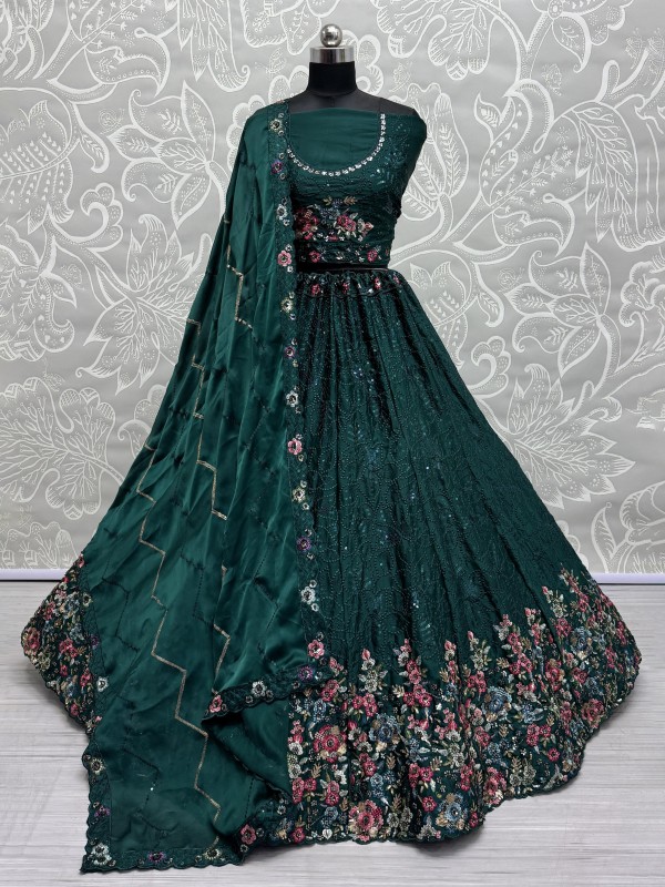 Pure Chinon Fabric Wedding Wear Lehenga In Green Color With Embroidery Work