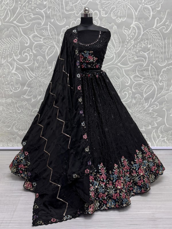 Pure Chinon Fabric Wedding Wear Lehenga In Black Color With Embroidery Work