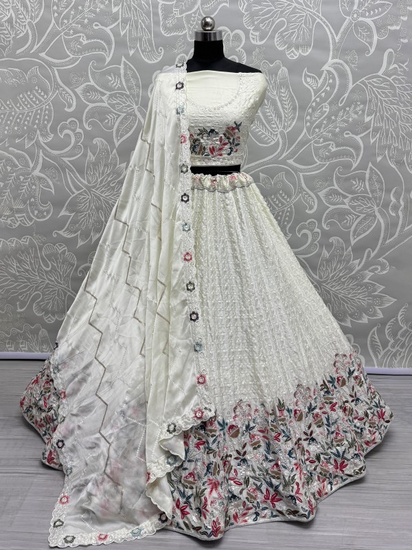 Pure Chinon Fabric Wedding Wear Lehenga In Off White Color With Embroidery Work