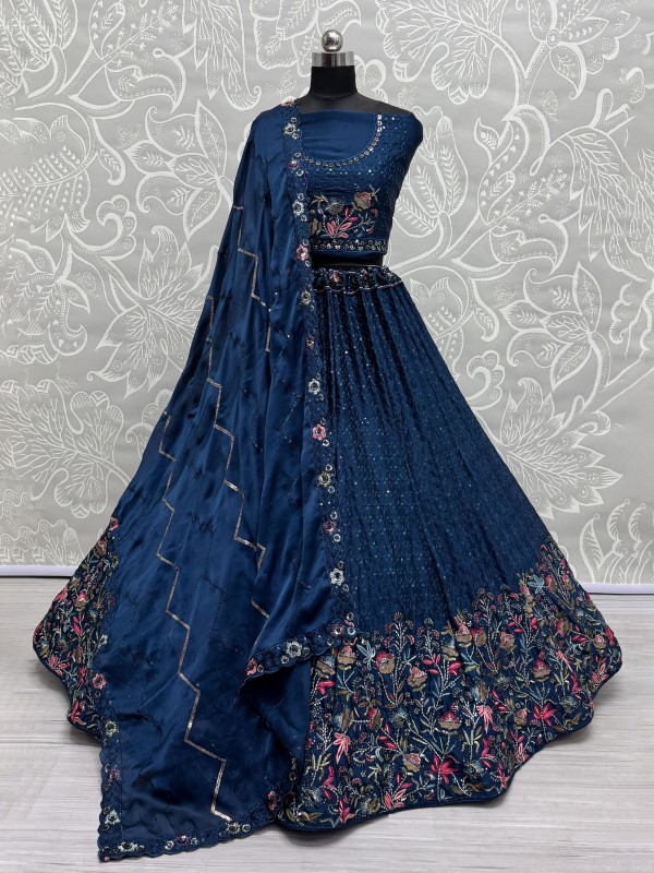 Pure Chinon Fabric Wedding Wear Lehenga In Blue Color With Embroidery Work
