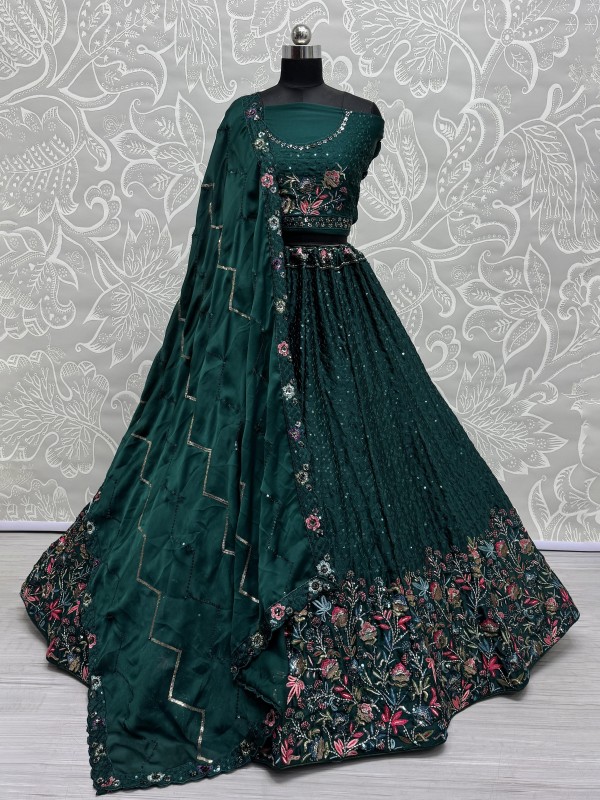 Pure Chinon Fabric Wedding Wear Lehenga In Green Color With Embroidery Work