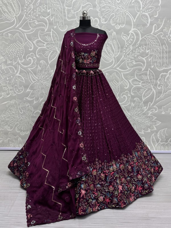 Pure Chinon Fabric Wedding Wear Lehenga In Burgundy Color With Embroidery Work