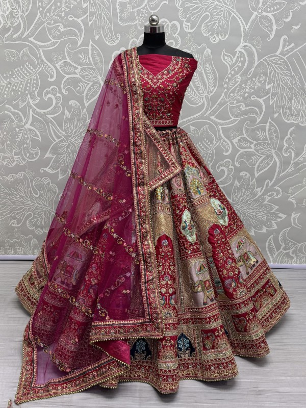 Pure Silk Fabric Wedding Wear Lehenga In Rani Pink Color With Embroidery Work
