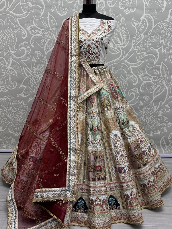 Pure Silk Fabric Wedding Wear Lehenga In White Color With Embroidery Work