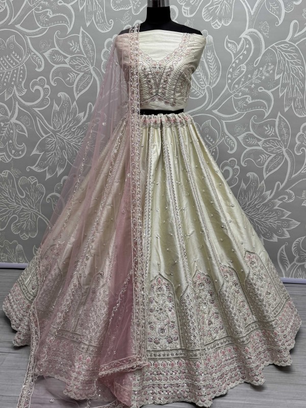 Pure Silk Fabric Wedding Wear Lehenga In Off White Color With Embroidery Work