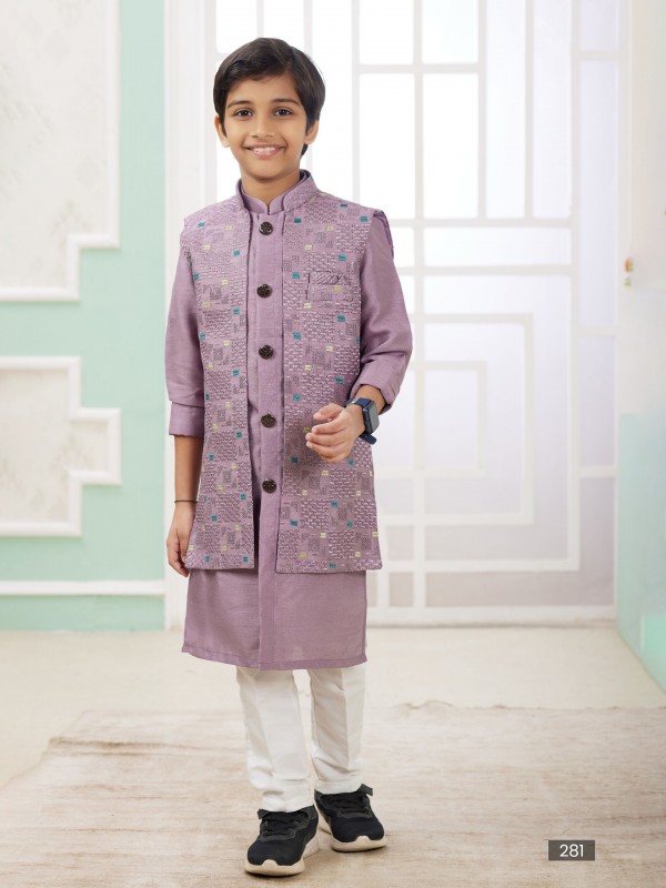 Art Silk Readymade Kids Indowestern in Onion Color Embroidery Work