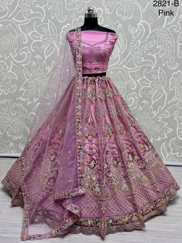 Soft Premium net  Wedding Wear Lehenga In Pink Color With Embroidery Work