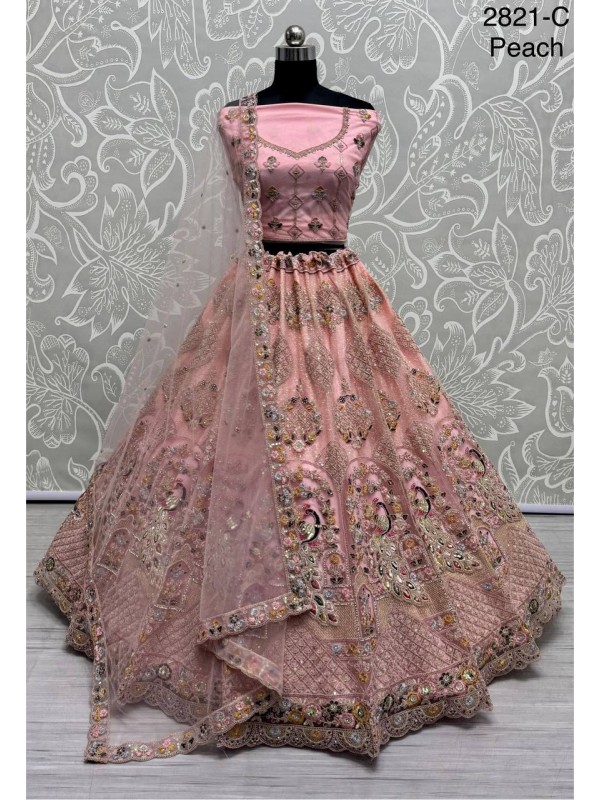 Soft Premium net  Wedding Wear Lehenga In Peach Color With Embroidery Work
